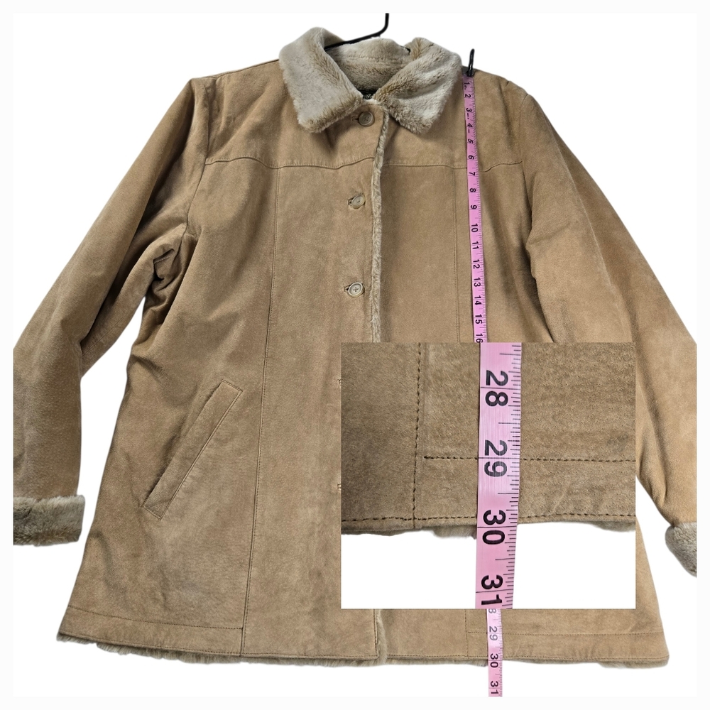 Eddie Bauer Genuine Leather Tan Jacket Button Front Y2K Faux Shearling Lined XL - Picture 12 of 15